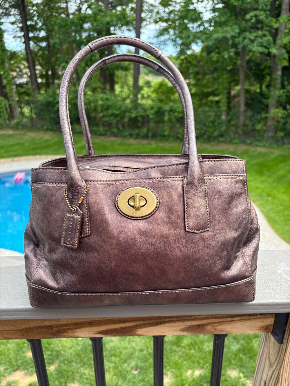 Coach Madeline Turnlock Satchel In Metallic Brown Leather